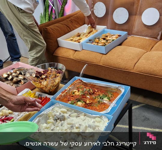 מגשי אוכל עם סלטים ומאפים על שולחן